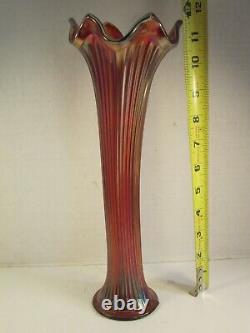 Cherry Red Antique Fenton Fine Rib 12 Tall Carnival Glass Vase