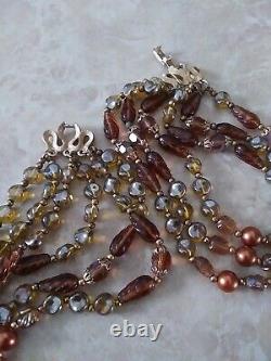Crown Trifari Amber Iridescent Carnival Art Glass Bead Multi Strand Necklace