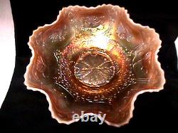 Dragon & Lotus Peach Opalescent 8 1/2 8 Ruffle Bowl Rare Carnival By Fenton