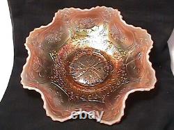 Dragon & Lotus Peach Opalescent 8 1/2 8 Ruffle Bowl Rare Carnival By Fenton