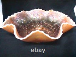 Dragon & Lotus Peach Opalescent 8 1/2 8 Ruffle Bowl Rare Carnival By Fenton