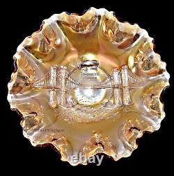 Dugan Brooklyn Bridge Marigold Carnival Glass Bowl GREAT COLOR