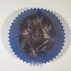 Dugan Carnival Glass Apple Blossom Twigs Ruffled Bowl, Blue