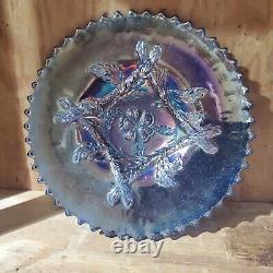 Dugan Carnival Glass Apple Blossom Twigs Ruffled Bowl, Blue