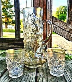 Dugan Carnival Glass Heavy Iris Pitcher & Tumblers Stove Pipe Top 1910 Very Rare