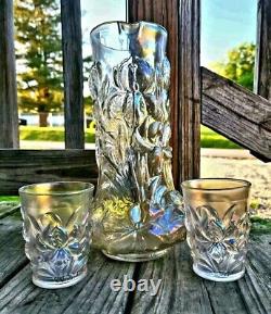 Dugan Carnival Glass Heavy Iris Pitcher & Tumblers Stove Pipe Top 1910 Very Rare