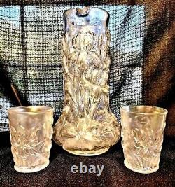 Dugan Carnival Glass Heavy Iris Pitcher & Tumblers Stove Pipe Top 1910 Very Rare