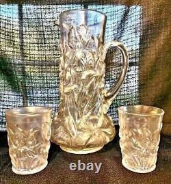 Dugan Carnival Glass Heavy Iris Pitcher & Tumblers Stove Pipe Top 1910 Very Rare