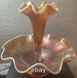 Dugan Carnival Glass Quilt Diamond Peach Marigold Opalescent Single Horn Epergne