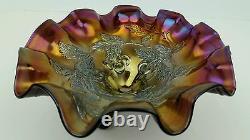 Dugan Cherries Dark Amethyst Iridescent 3 Footed Ruffled Carnival Glass Bowl