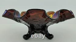 Dugan Cherries Dark Amethyst Iridescent 3 Footed Ruffled Carnival Glass Bowl