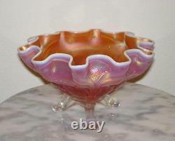 Dugan Cherry Peach Opalescent Carnival Glass footed ruffled Bowl