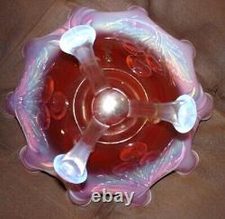 Dugan Cherry Peach Opalescent Carnival Glass footed ruffled Bowl