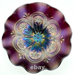 Dugan Flowers and Frames Black Amethyst Carnival Glass Bowl Blues Golds Antique