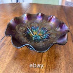 Dugan Flowers and Frames Black Amethyst Carnival Glass Bowl Blues Golds Antique