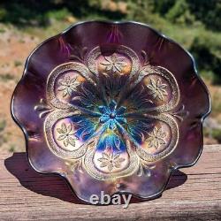 Dugan Flowers and Frames Black Amethyst Carnival Glass Bowl Blues Golds Antique