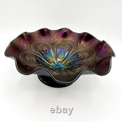 Dugan Flowers and Frames Black Amethyst Carnival Glass Bowl Blues Golds Antique