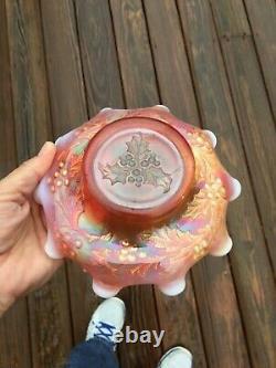 Dugan Holly Berry Peach Opalescent Carnival Glass 10 Crimped Bowl
