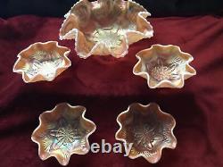 Dugan Peach Opalescent Petal & Fan Carnival Glass Ruffled Master Berry & 4 Small