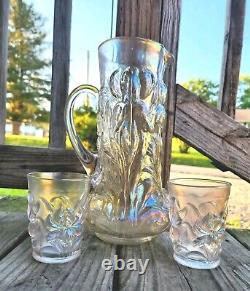 Dugan White Carnival Glass Heavy Iris Pitcher & Tumblers Stove Pipe Top Rare Wow