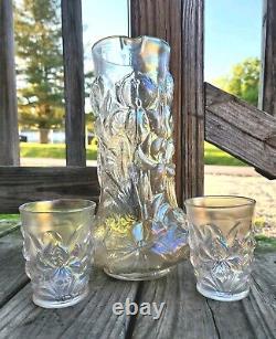 Dugan White Carnival Glass Heavy Iris Pitcher & Tumblers Stove Pipe Top Rare Wow