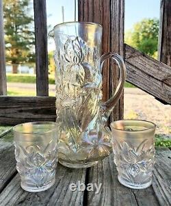 Dugan White Carnival Glass Heavy Iris Pitcher & Tumblers Stove Pipe Top Rare Wow