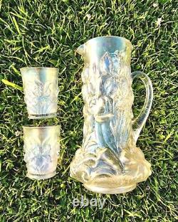 Dugan White Carnival Glass Heavy Iris Pitcher & Tumblers Stove Pipe Top Rare Wow