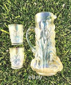 Dugan White Carnival Glass Heavy Iris Pitcher & Tumblers Stove Pipe Top Rare Wow