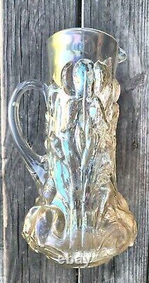 Dugan White Carnival Glass Heavy Iris Pitcher & Tumblers Stove Pipe Top Rare Wow