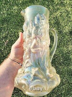 Dugan White Carnival Glass Heavy Iris Pitcher & Tumblers Stove Pipe Top Rare Wow