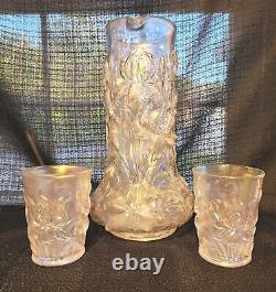 Dugan White Carnival Glass Heavy Iris Pitcher & Tumblers Stove Pipe Top Rare Wow