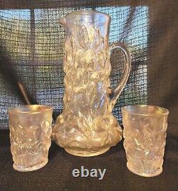 Dugan White Carnival Glass Heavy Iris Pitcher & Tumblers Stove Pipe Top Rare Wow