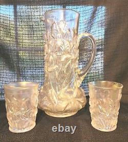 Dugan White Carnival Glass Heavy Iris Pitcher & Tumblers Stove Pipe Top Rare Wow