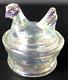 E. E. Bowman Glass Mini Hen On Nest Salt Cellar Clear Carnival Rainbow Iridescent