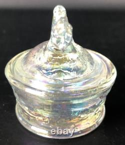 E. E. Bowman Glass Mini Hen On Nest Salt Cellar Clear Carnival Rainbow Iridescent