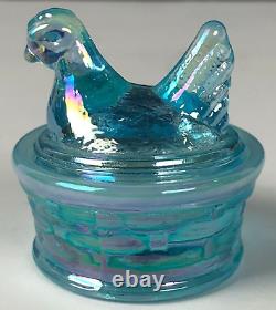 E. E. Bowman Glass Mini Hen On Nest Salt Cellar Iridescent Light Blue Carnival