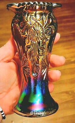 Eda Carnival Glass 6.5 Inch Spittoon Vase Floral Sunburst Iridescence For Days