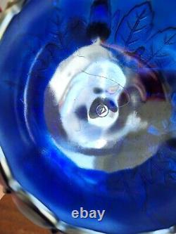 Electric Northwood Blue Carnival Glass Leaf & Beads Rose Bowl