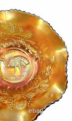 Exquisite Carnival Glass Marigold Nappy Bowl With Emu Motif