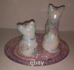 FENTON 3 Piece Set Glass Cats Iridescent White Hand Painted & Signed & Pink Tray