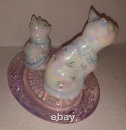 FENTON 3 Piece Set Glass Cats Iridescent White Hand Painted & Signed & Pink Tray