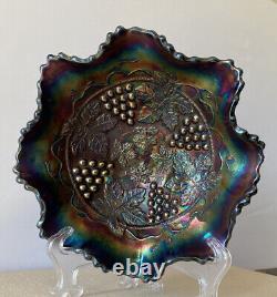 FENTON Antique Grape & Cable Amethyst Purple Glass Footed Bowl HEAVY Iridescent