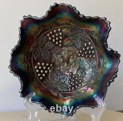 FENTON Antique Grape & Cable Amethyst Purple Glass Footed Bowl HEAVY Iridescent