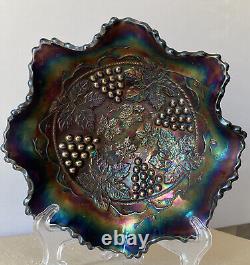 FENTON Antique Grape & Cable Amethyst Purple Glass Footed Bowl HEAVY Iridescent