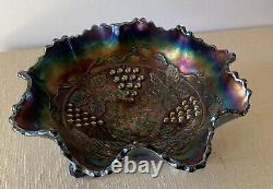 FENTON Antique Grape & Cable Amethyst Purple Glass Footed Bowl HEAVY Iridescent