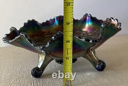 FENTON Antique Grape & Cable Amethyst Purple Glass Footed Bowl HEAVY Iridescent