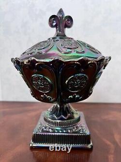 FENTON Art Glass Carnival Plum Covered Candy Dish Pedestal Bowl