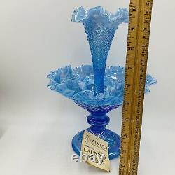 FENTON Art Glass Epergne Diamond Lace Lgt Blue Carnival Iridescent Single Horn