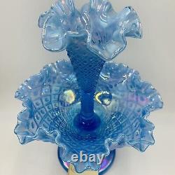 FENTON Art Glass Epergne Diamond Lace Lgt Blue Carnival Iridescent Single Horn