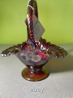 FENTON Basket Ruby Red Iridescent Carnival Glass Roses Ribbed Handle HP